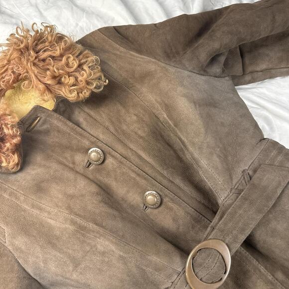 Vintage sueded afghan Sherpa penny lane belted trench faux fur coat - Picture 2 of 8